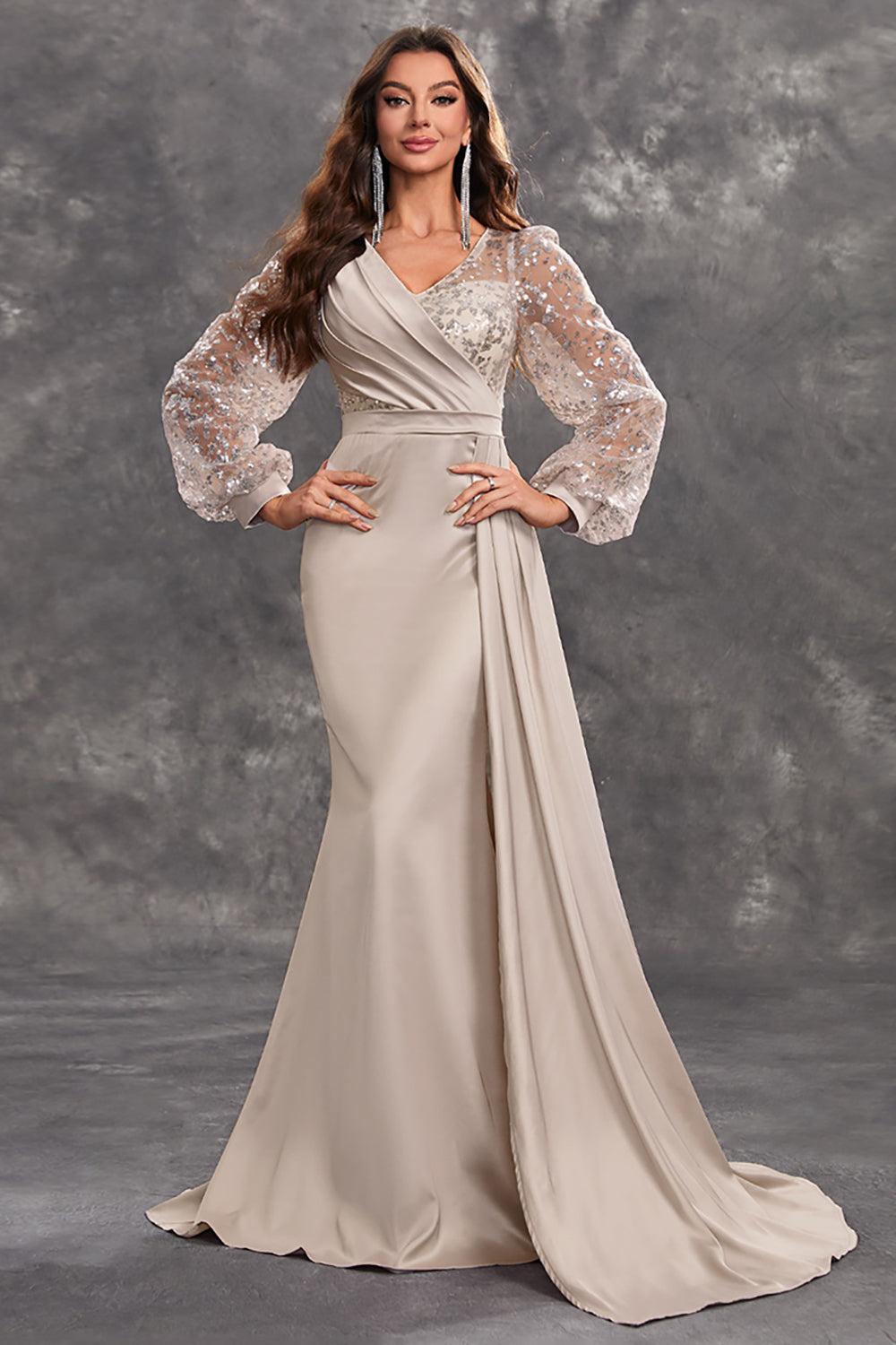 Navy Mermaid Sequined Long-Sleeve Choir Dress with Side Cape