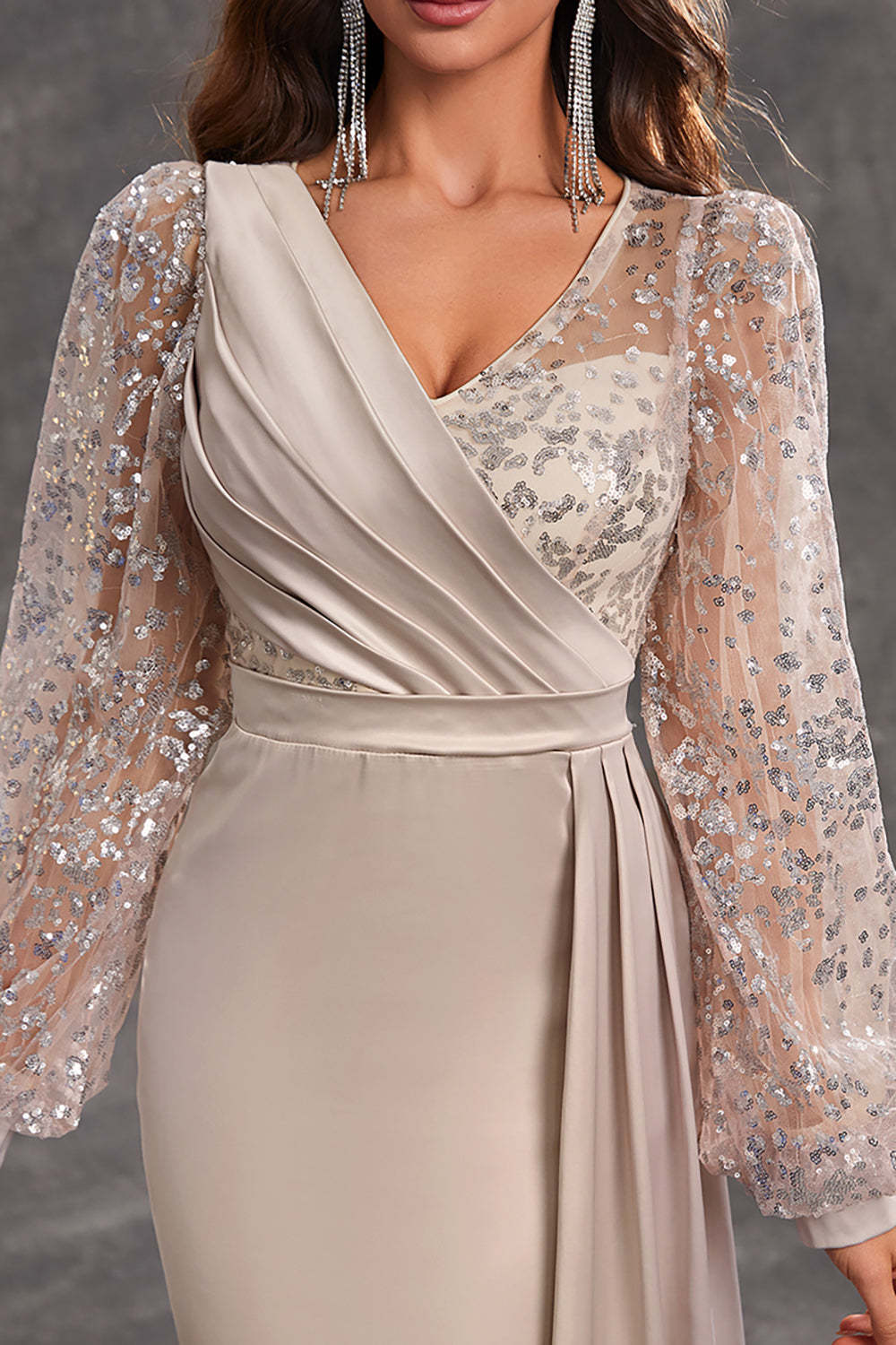 Navy Mermaid Sequined Long-Sleeve Choir Dress with Side Cape