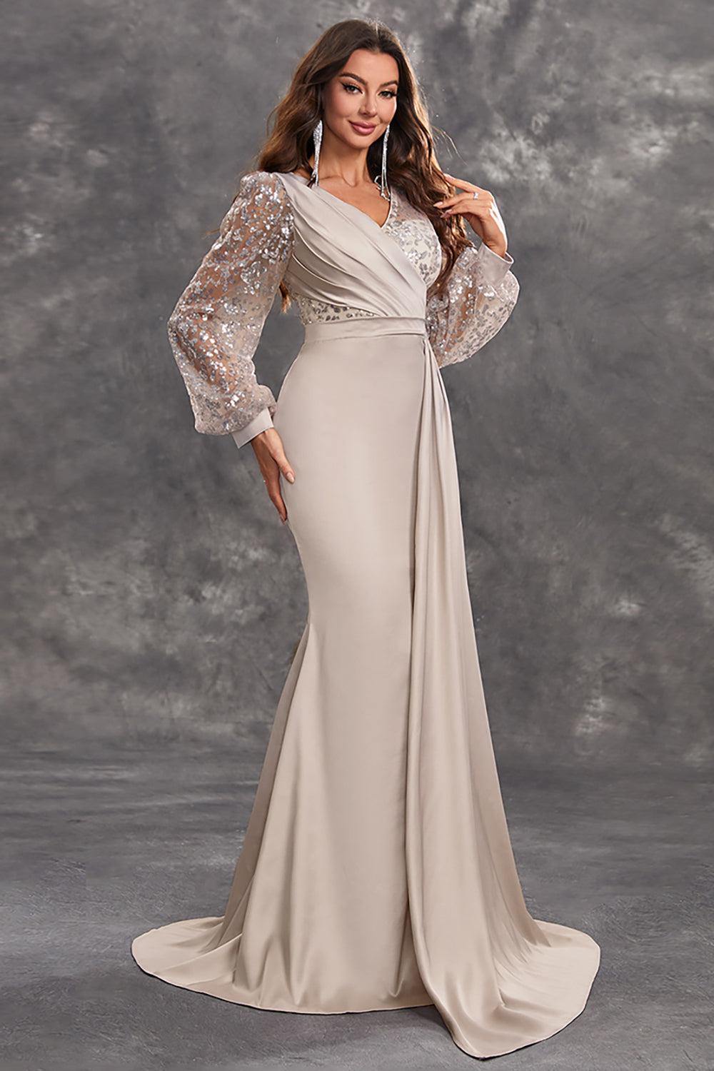Navy Mermaid Sequined Long-Sleeve Choir Dress with Side Cape