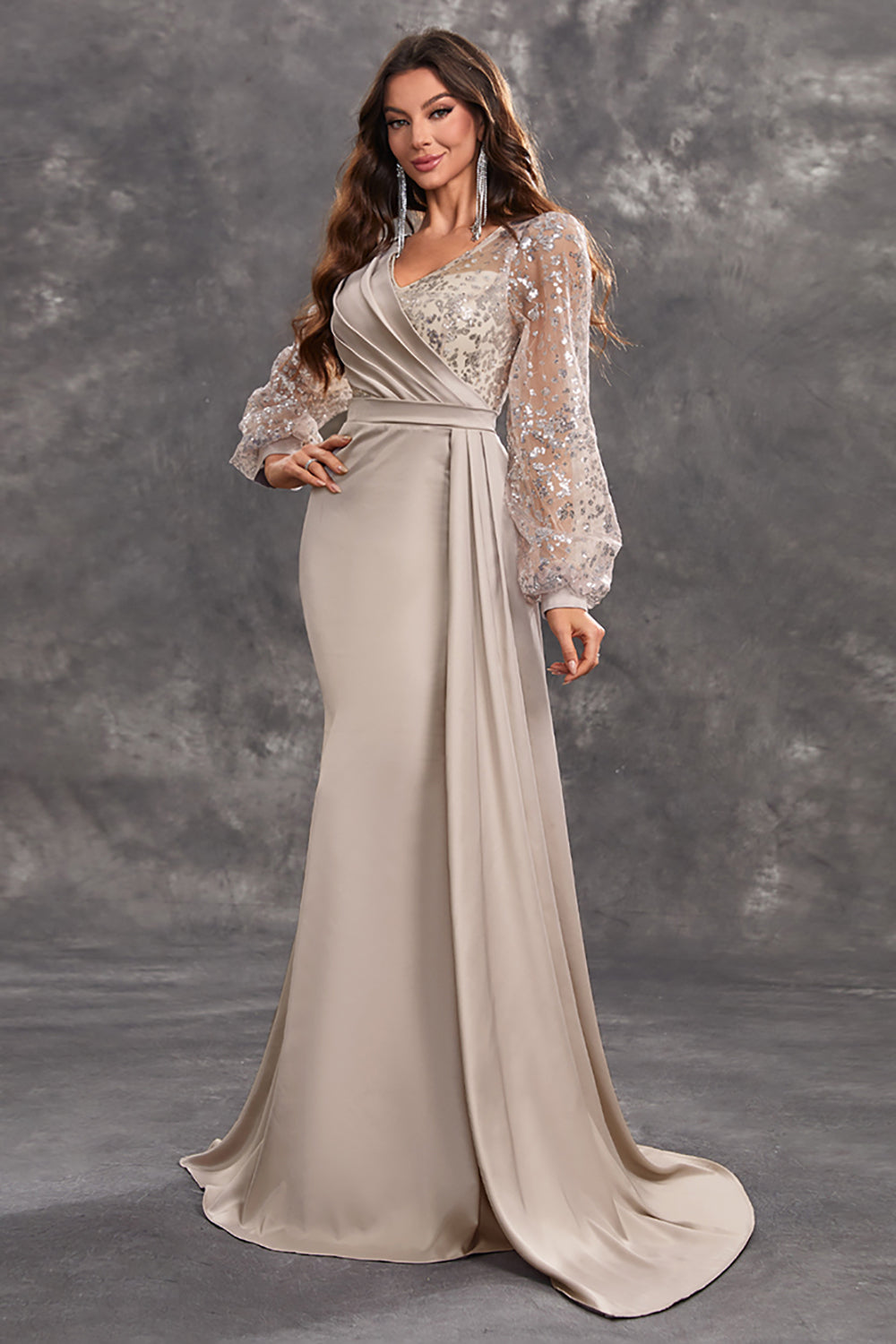 Navy Mermaid Sequined Long-Sleeve Choir Dress with Side Cape
