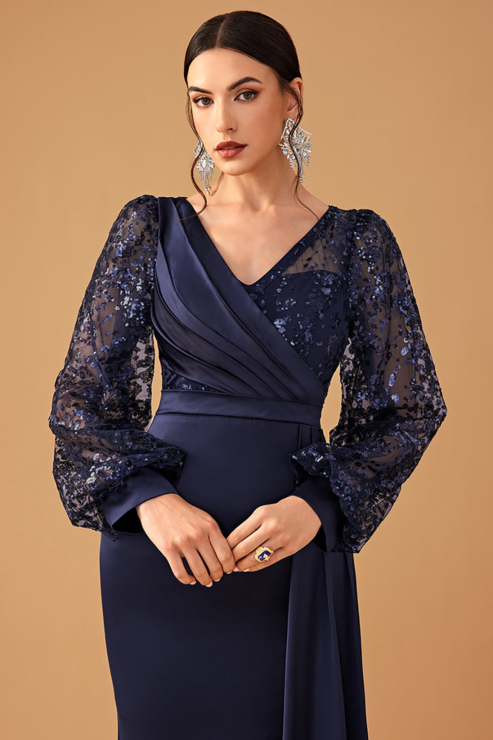 Navy Mermaid Sequined Long-Sleeve Choir Dress with Side Cape