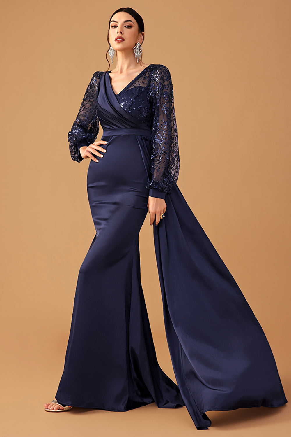 Navy Mermaid Sequined Long-Sleeve Choir Dress with Side Cape