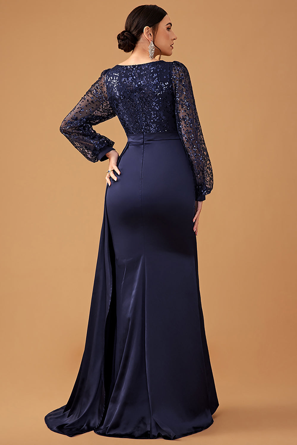 Navy Mermaid Sequined Long-Sleeve Choir Dress with Side Cape