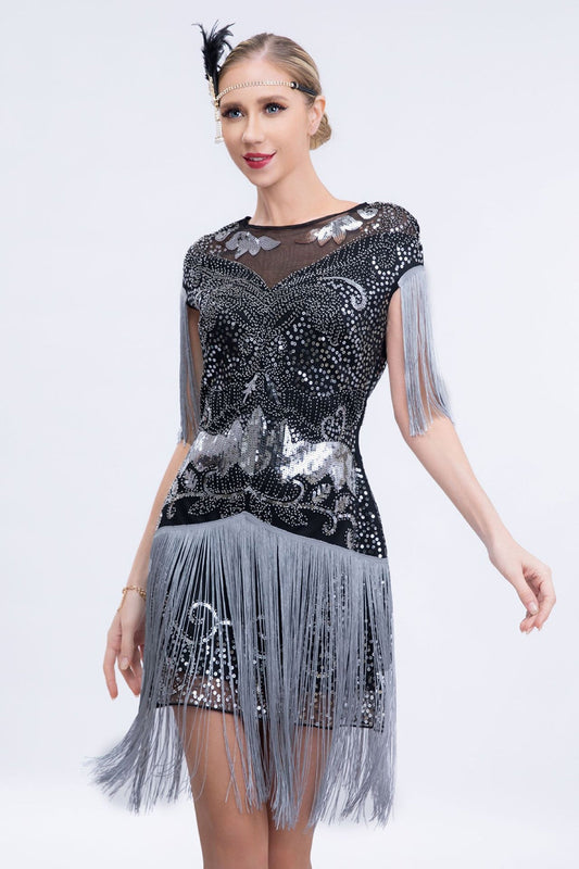 Robe Charleston Flapper courtes à sequins gris et franges