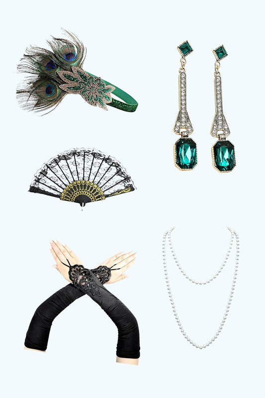 Accessoires de fête Années Folles verts ensembles de cinq pièces