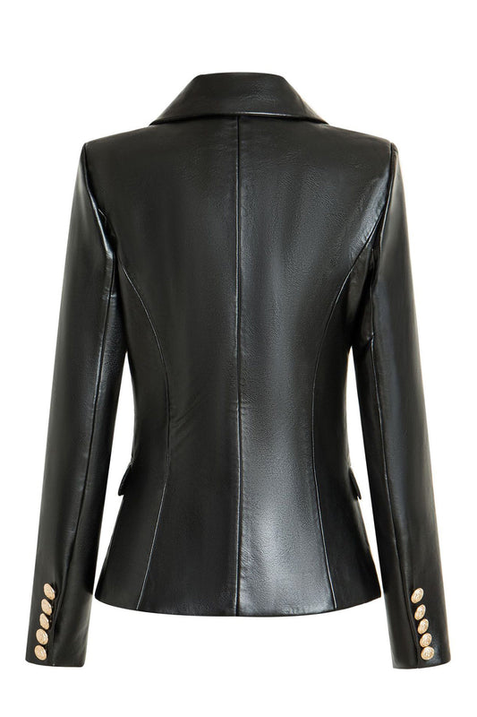 Black Peak Lapel Faux Leather Women's Blazer