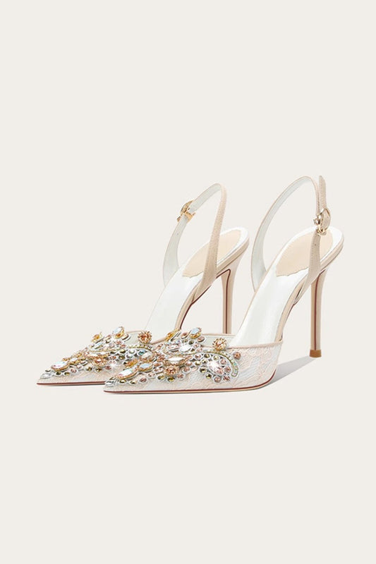 Talons aiguilles en dentelle à strass abricot scintillants
