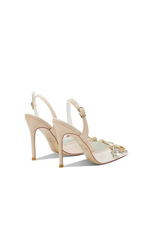 Talons aiguilles en dentelle à strass abricot scintillants