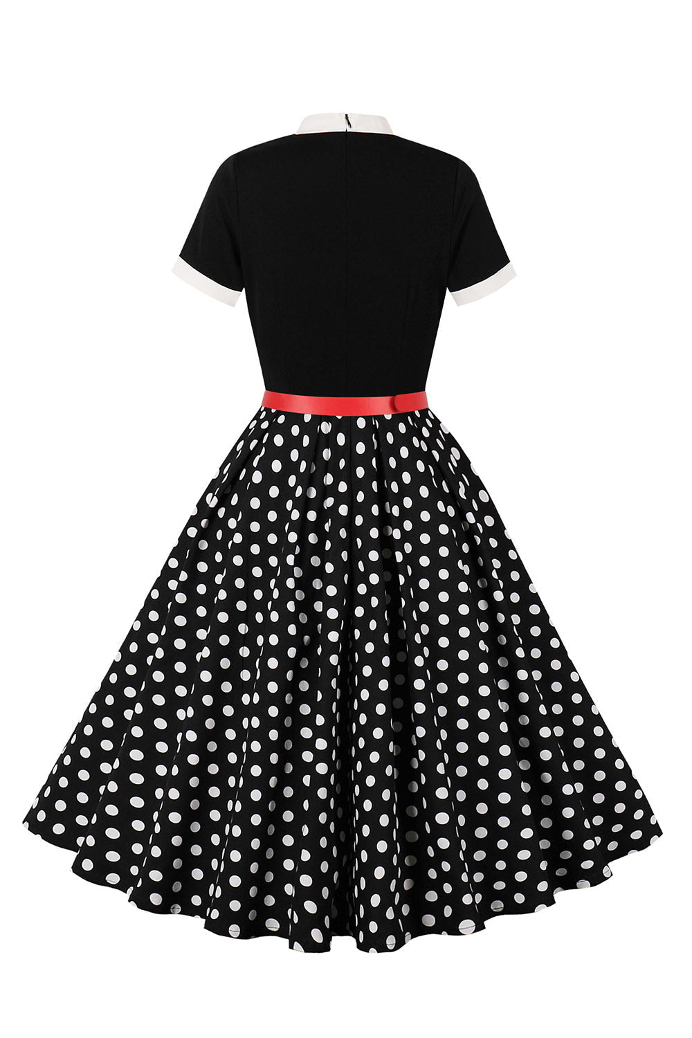 A-Line Black Polka Dot Short Sleeve 1950s Dress with Belt