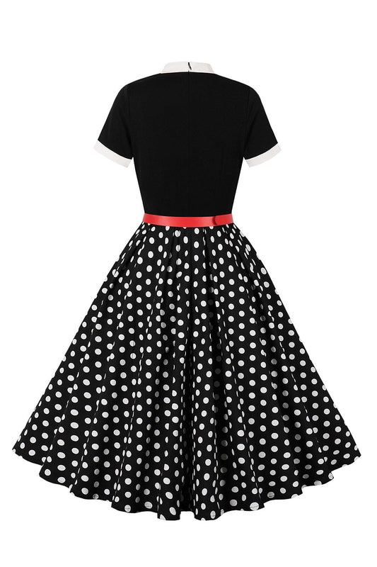 A-Line Black Polka Dot Short Sleeve 1950s Dress with Belt