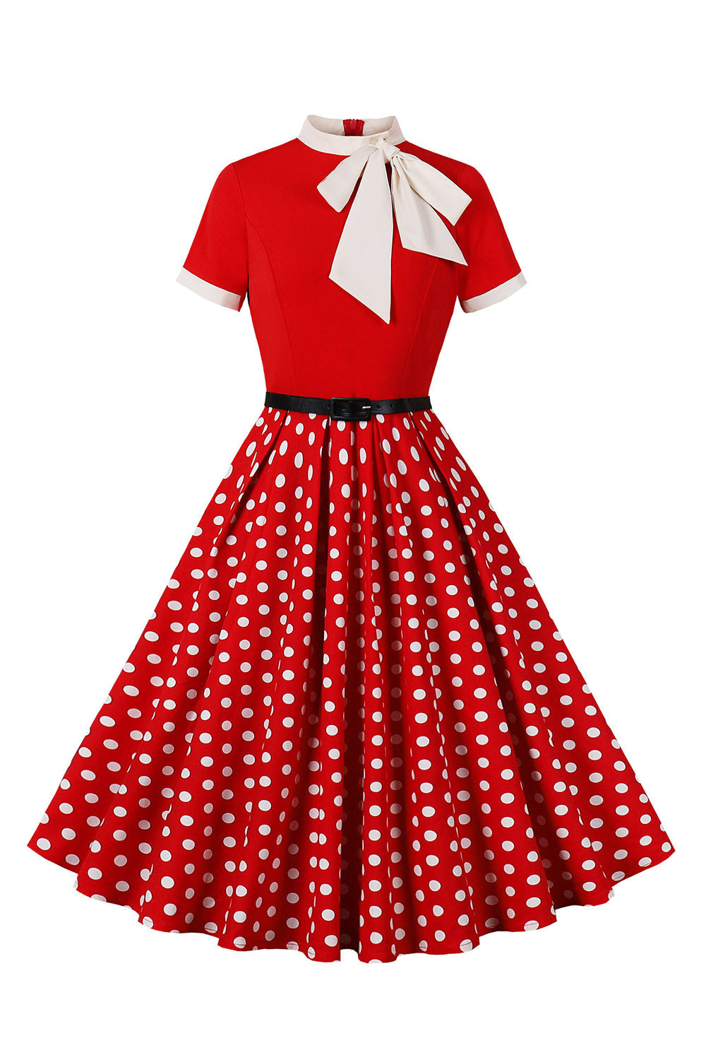 A-Line Black Polka Dot Short Sleeve 1950s Dress with Belt