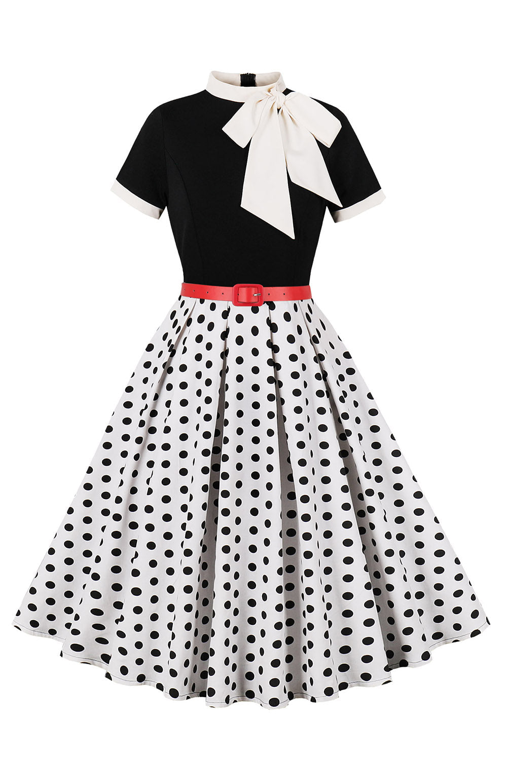 A-Line Black Polka Dot Short Sleeve 1950s Dress with Belt