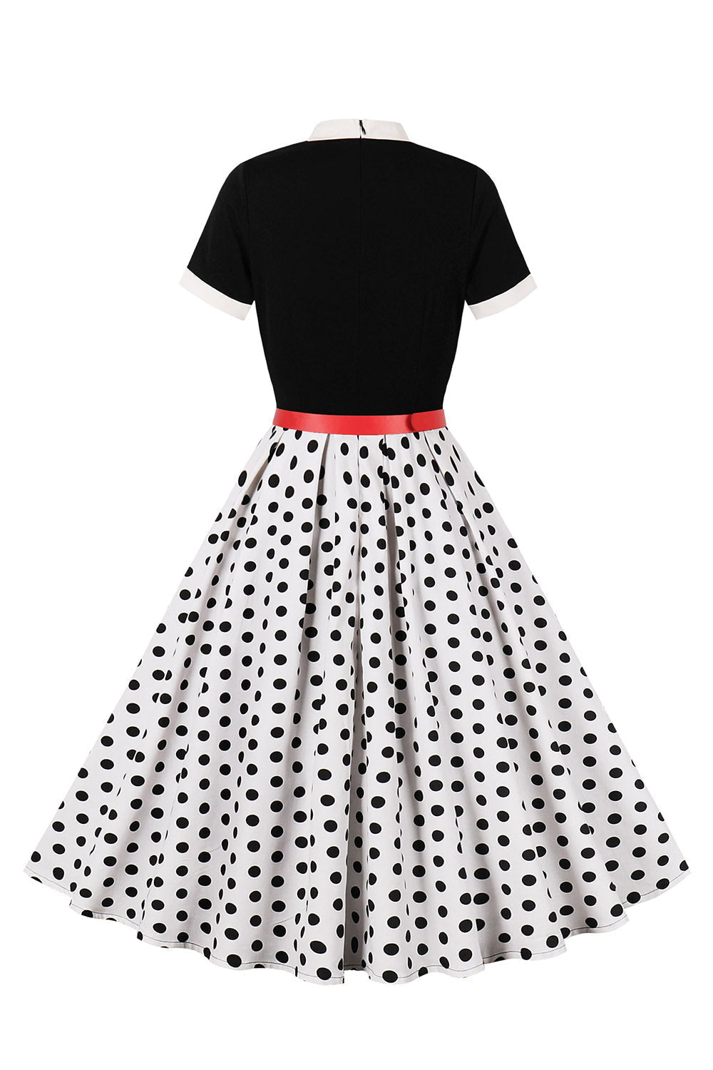A-Line Black Polka Dot Short Sleeve 1950s Dress with Belt