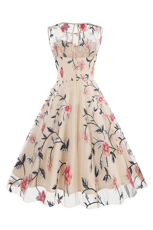 Robe Vintage Midi Sans Manches Brodé Floral Élégante Abricot