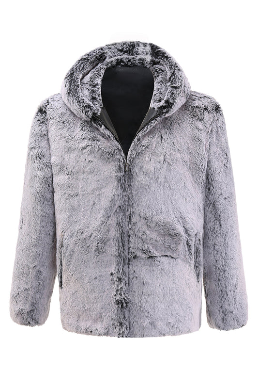 Manteau long en peau de mouton à capuche gris pour homme