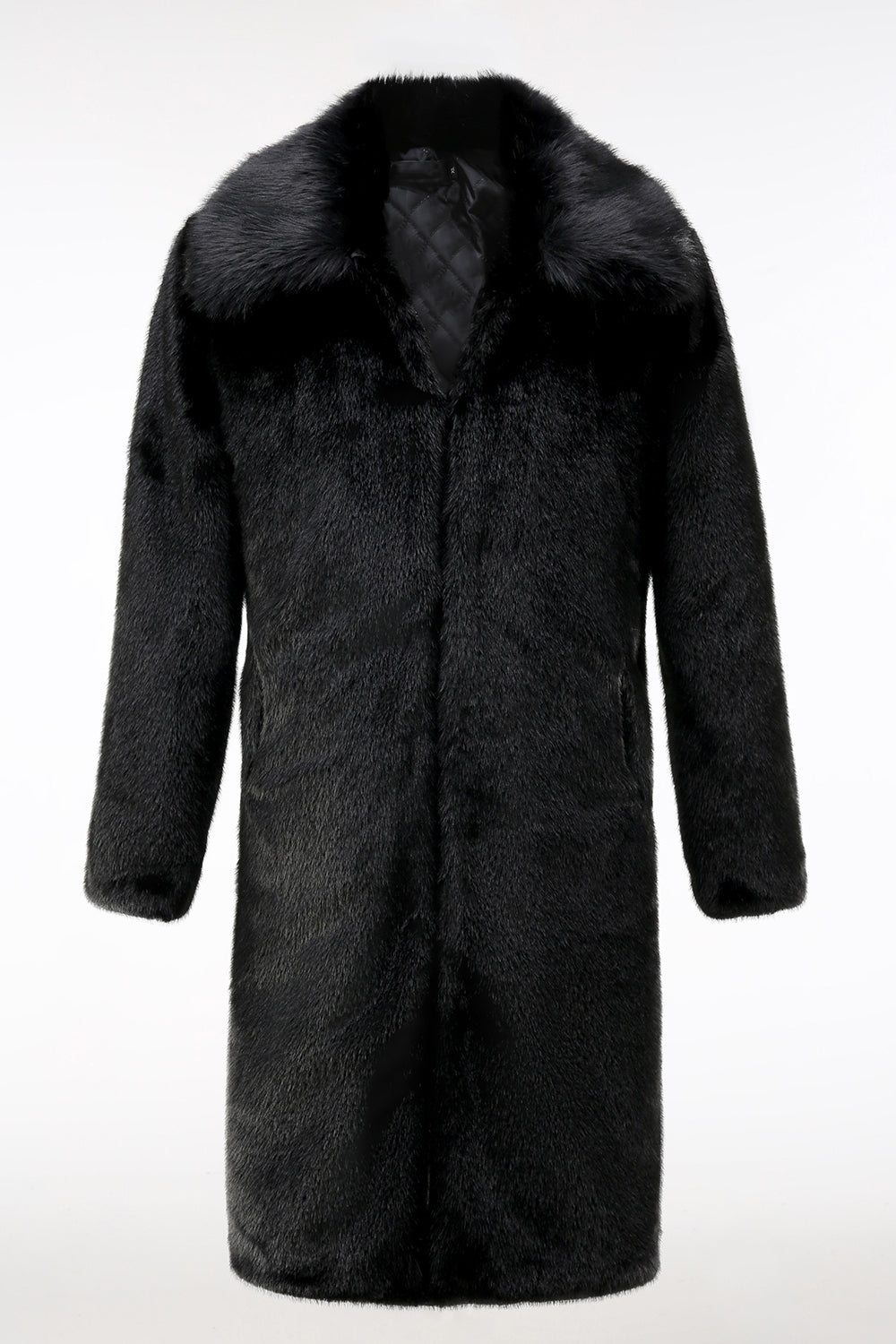 Fluffy Black Faux Fur Men's Coat with Pockets