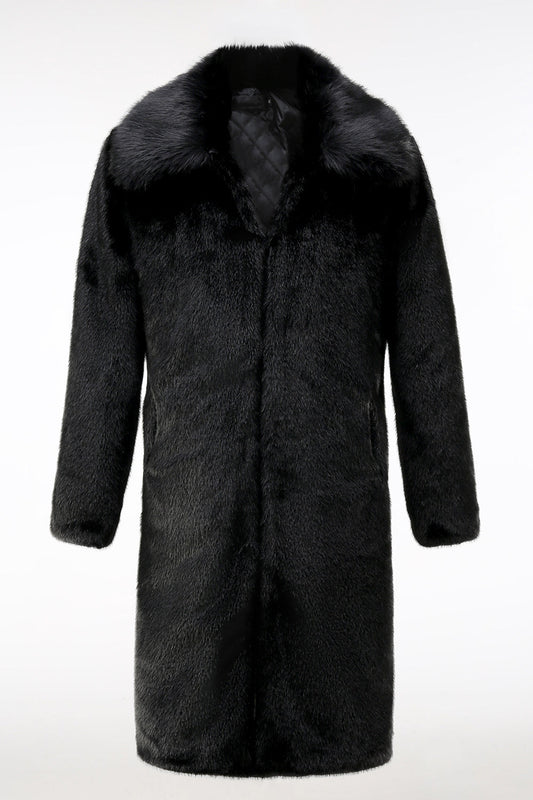 Fluffy Black Faux Fur Men's Coat with Pockets