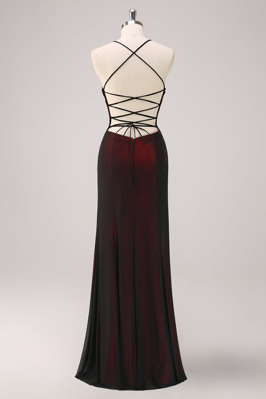 Robe de demoiselle d'honneur sirène noire et rouge à fines bretelles et perles