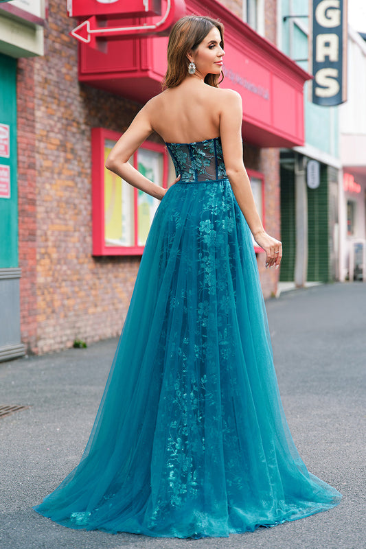 Robe longue de bal de promo sirène sans bretelles fendue corset couleur bleu paon