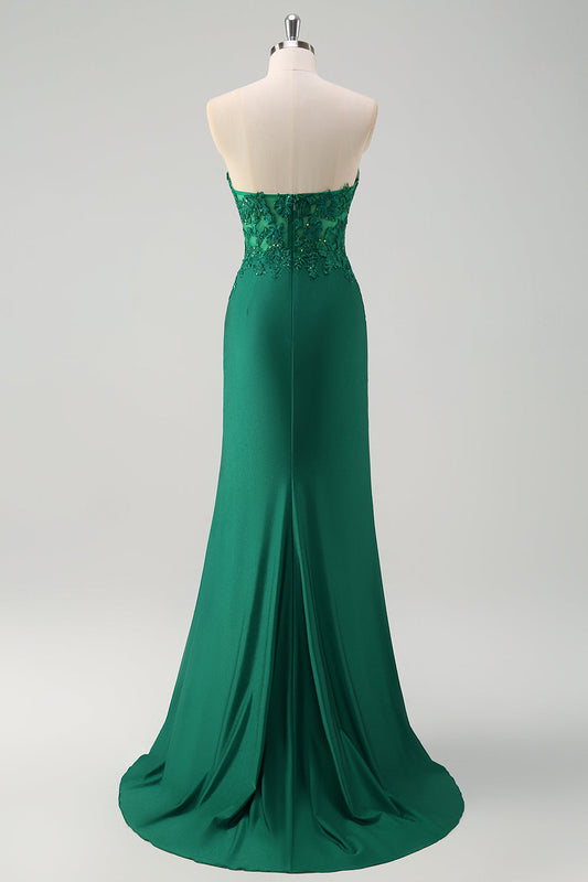 Robe de bal longue bustier sirène vert scintillant avec fente