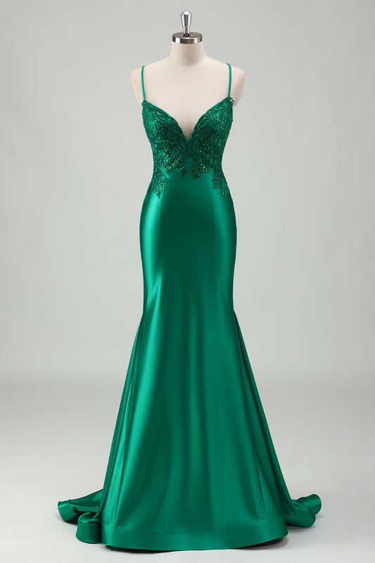Robe de bal longue en satin vert étincelant avec bretelles spaghetti et appliques sirène
