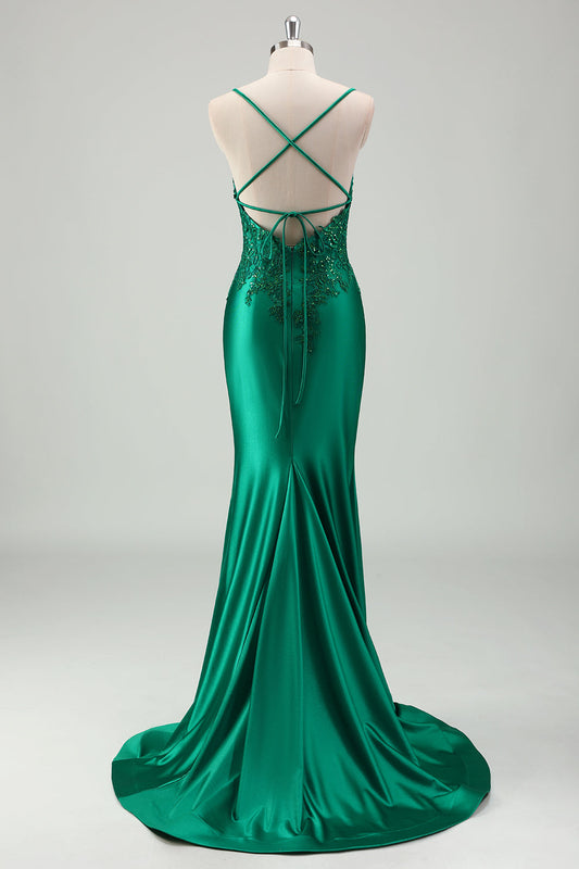 Robe de bal longue en satin vert étincelant avec bretelles spaghetti et appliques sirène