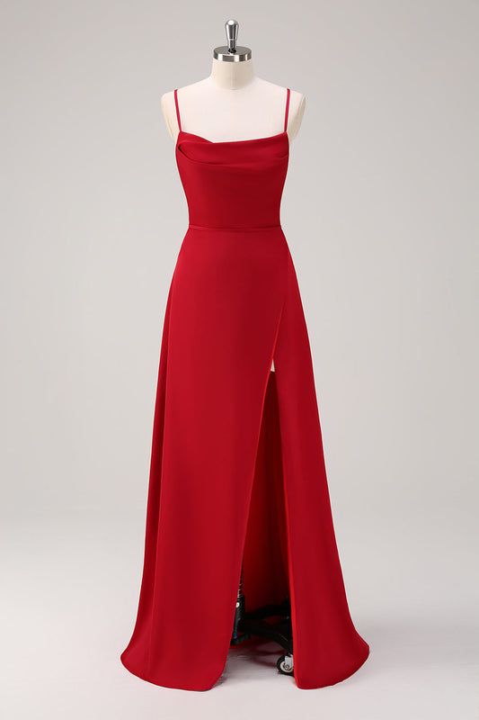 Burgundy Spaghetti Strap A-Line Bridesmaid Dress with Slit