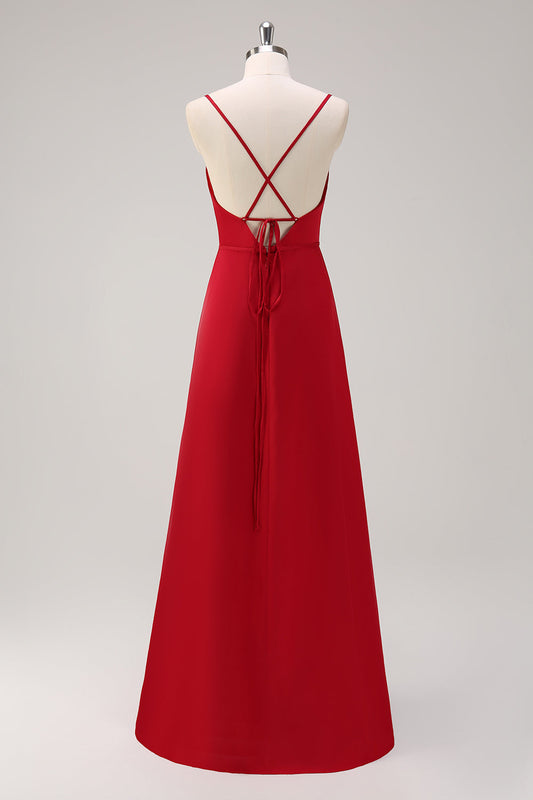 Burgundy Spaghetti Strap A-Line Bridesmaid Dress with Slit