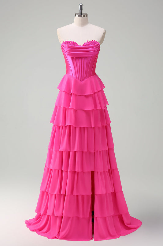 Fuchsia A-Line Strapless Corset Tiered Prom Dress with Ruffles