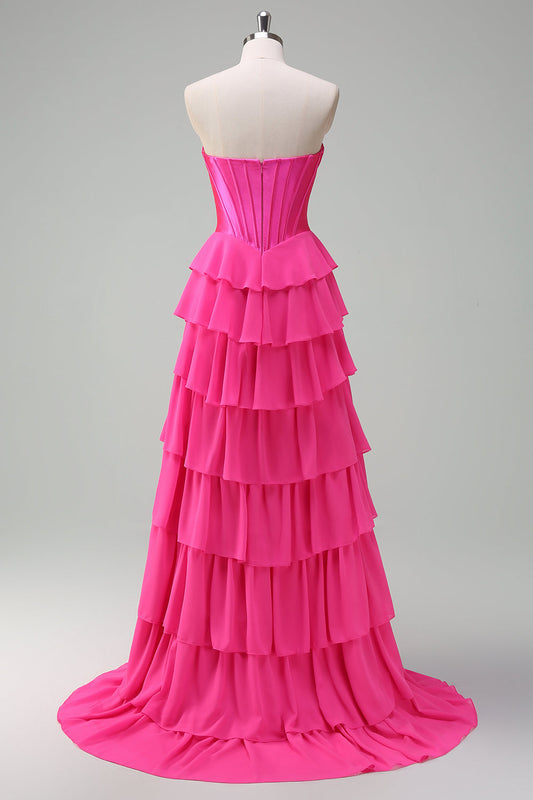 Fuchsia A-Line Strapless Corset Tiered Prom Dress with Ruffles
