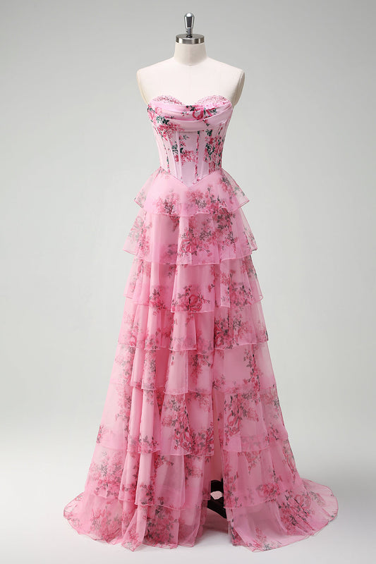 Robe de bal bustier en forme de trapèze à volants rose fleuri