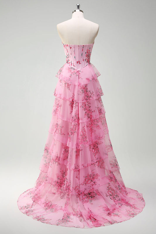 Robe de bal bustier en forme de trapèze à volants rose fleuri