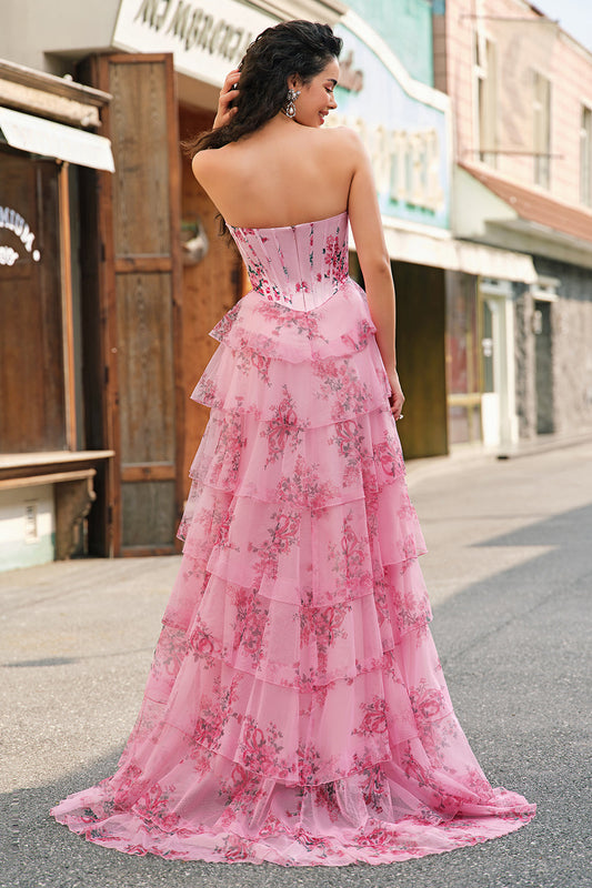 Robe de bal bustier coupe trapèze à volants floraux et fendue, couleur blush