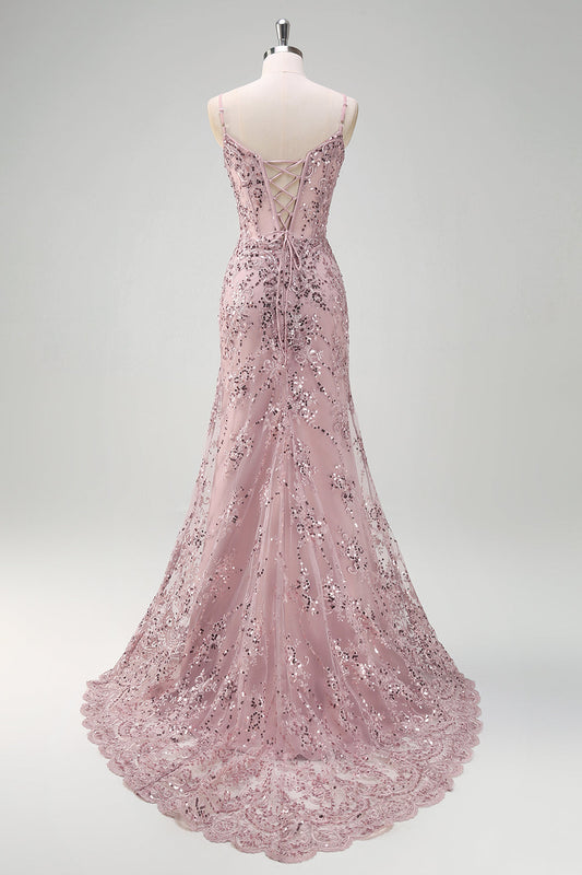 Robe de bal sirène à paillettes grises et roses avec col en V et dos lacé