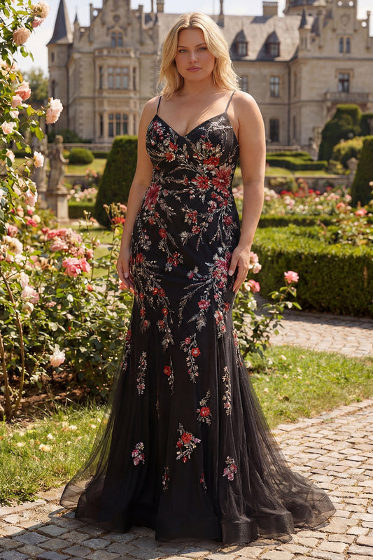 Robe de bal longue sirène noire à fines bretelles grande taille avec dos lacé
