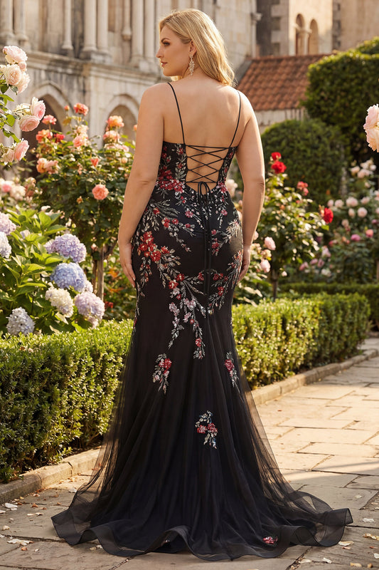 Robe de bal longue sirène noire à fines bretelles grande taille avec dos lacé