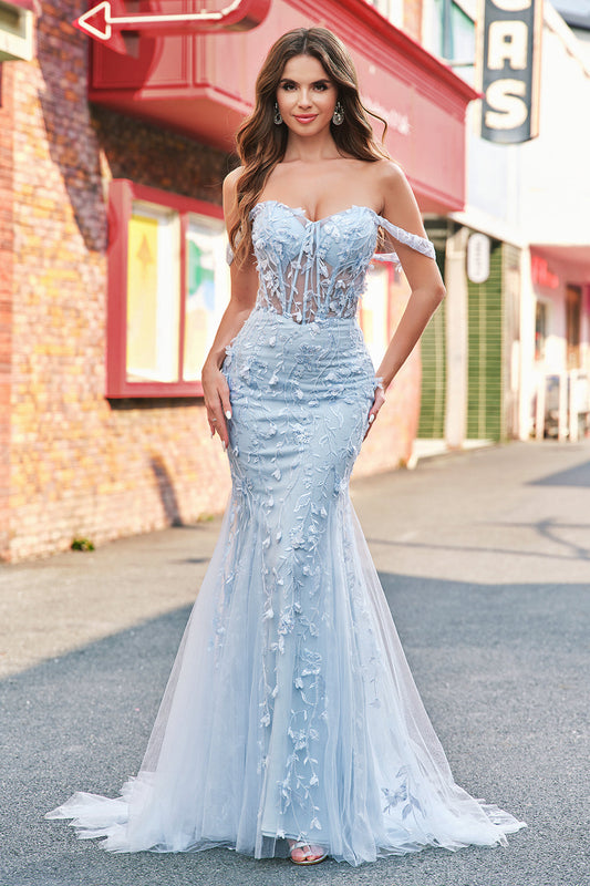 Robe de bal bustier bleue sirène avec appliqués et épaules dénudées