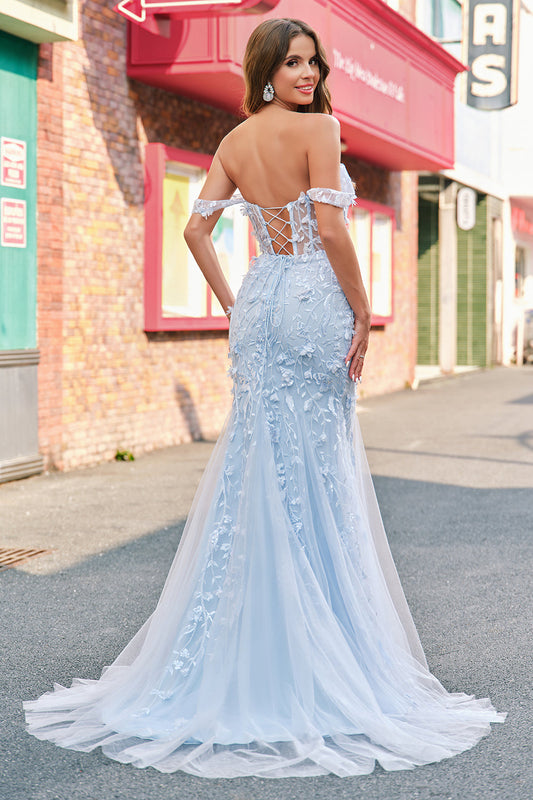 Robe de bal bustier bleue sirène avec appliqués et épaules dénudées