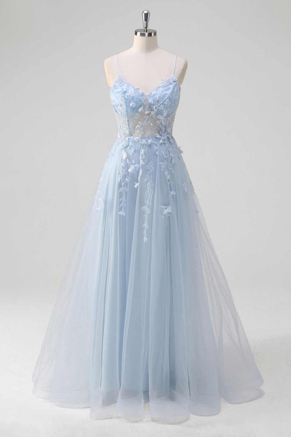 Blue A-Line Spaghetti Strap Appliqued Corset Long Tulle Prom Dress