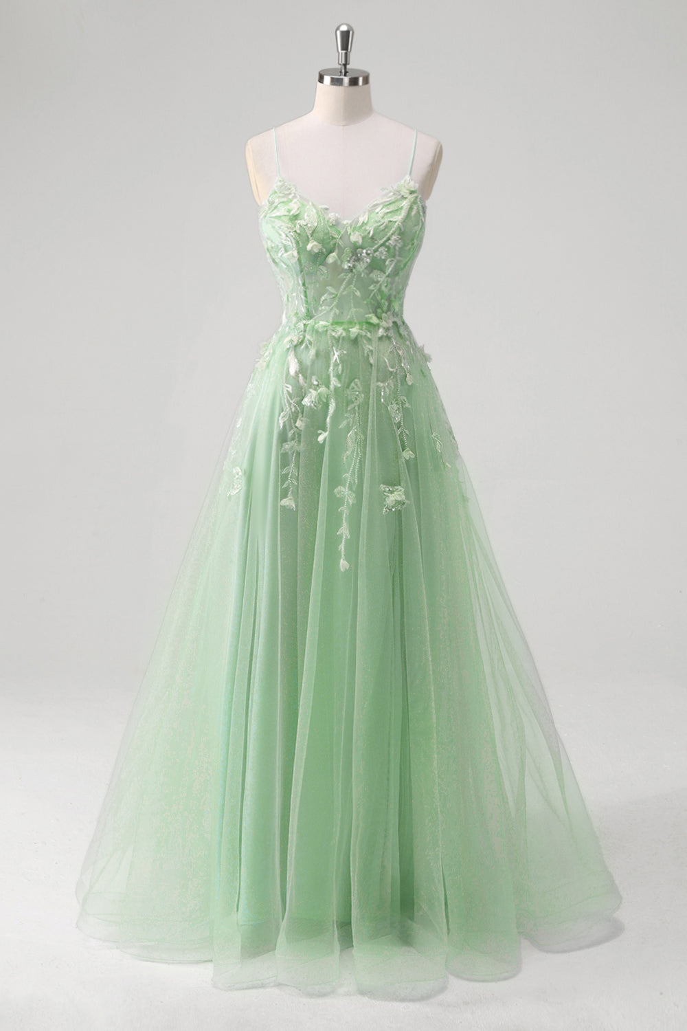 Blue A-Line Spaghetti Strap Appliqued Corset Long Tulle Prom Dress