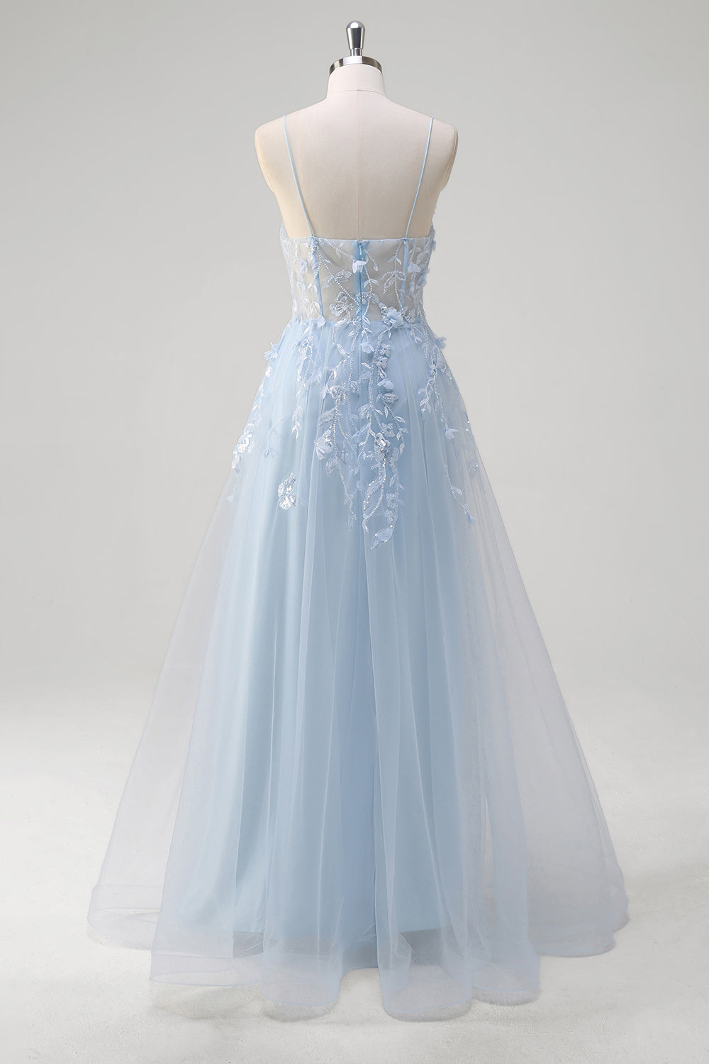 Blue A-Line Spaghetti Strap Appliqued Corset Long Tulle Prom Dress