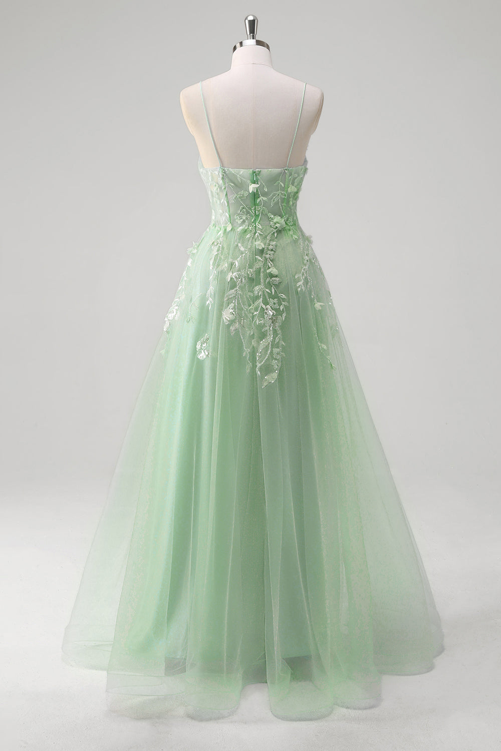 Blue A-Line Spaghetti Strap Appliqued Corset Long Tulle Prom Dress