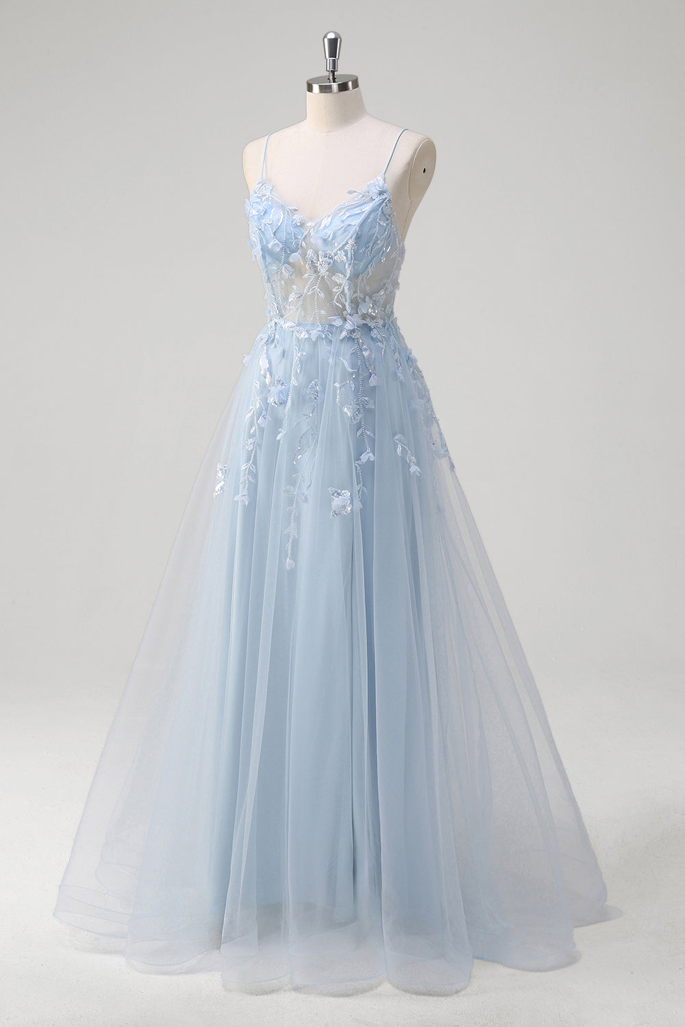 Blue A-Line Spaghetti Strap Appliqued Corset Long Tulle Prom Dress