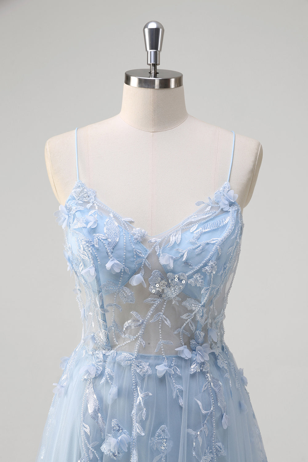 Blue A-Line Spaghetti Strap Appliqued Corset Long Tulle Prom Dress