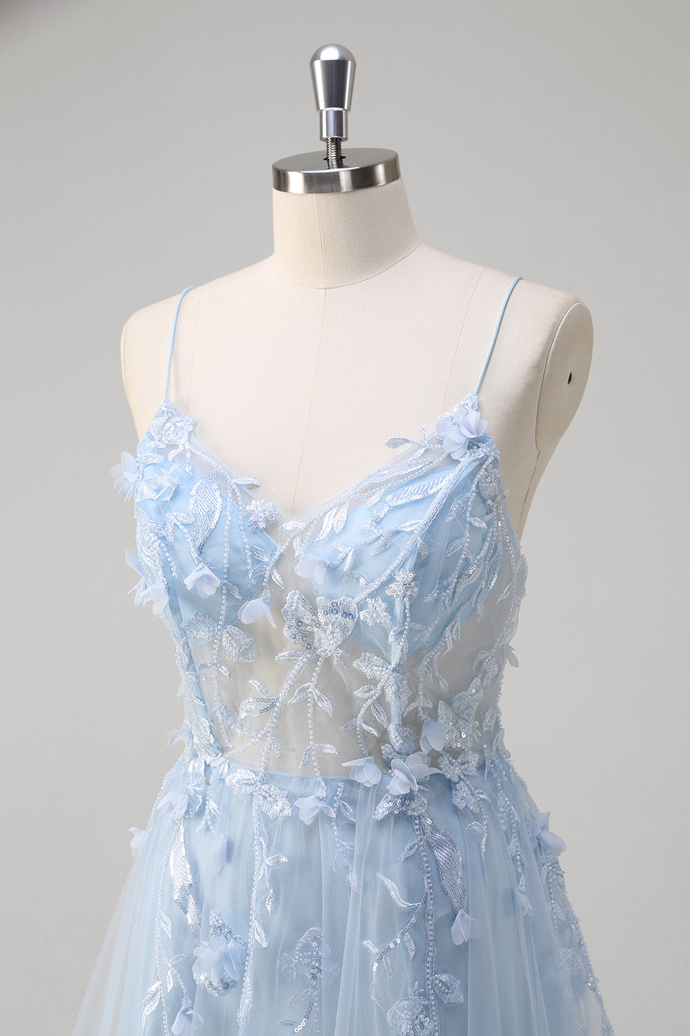 Blue A-Line Spaghetti Strap Appliqued Corset Long Tulle Prom Dress