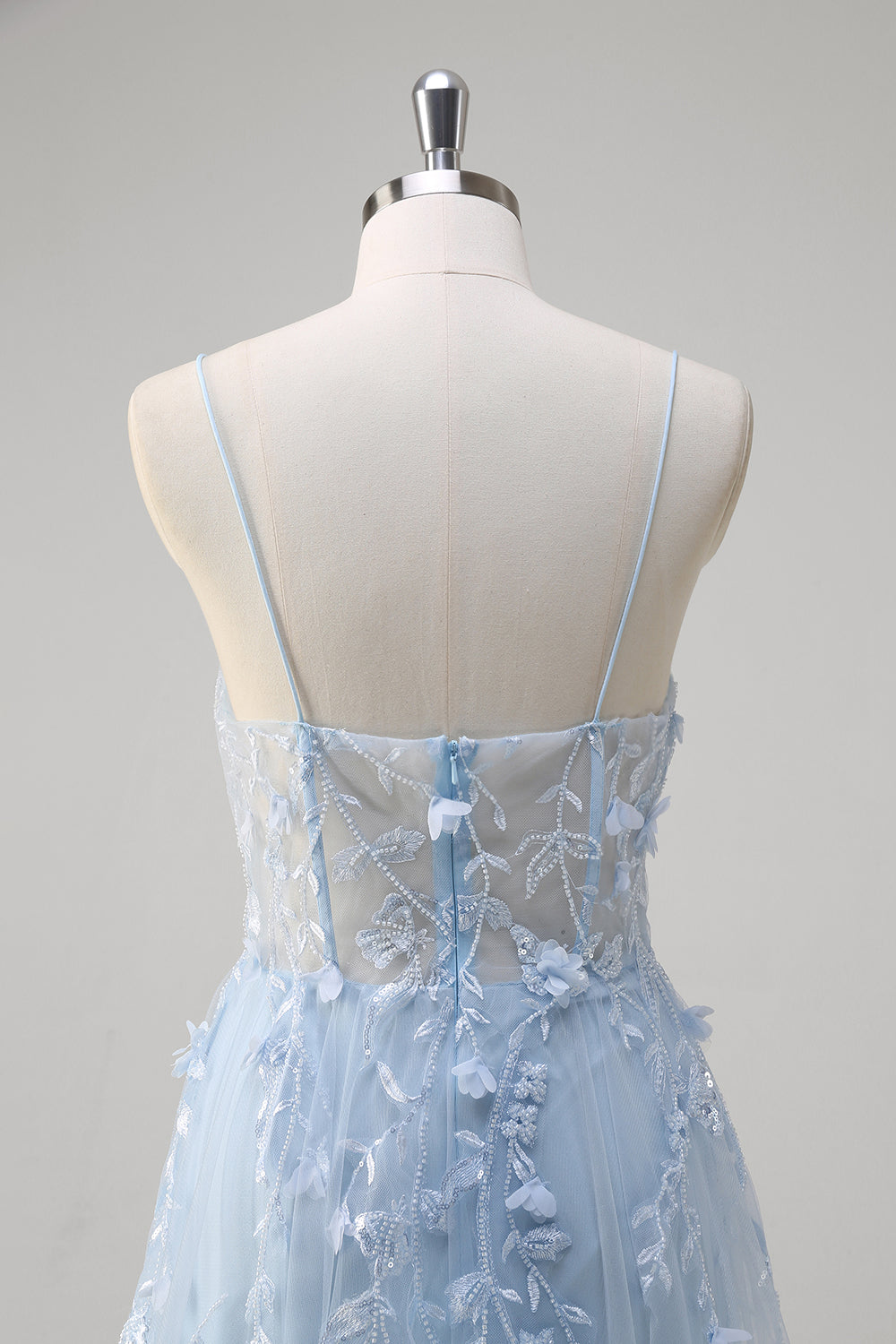 Blue A-Line Spaghetti Strap Appliqued Corset Long Tulle Prom Dress