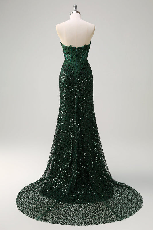 Robe de bal fendue sirène étincelante vert foncé à paillettes et corset en dentelle