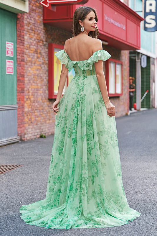 Robe de bal longue verte à corset, à ligne A, épaules dénudées, motif floral
