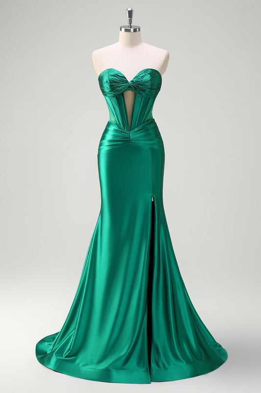 Robe de bal bustier sirène vert foncé scintillant avec perles, corset, fronces et fente en satin