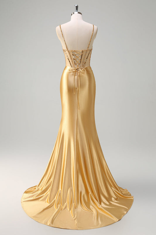 Sparkly Golden Mermaid Spaghetti Strap Corset Long Prom Dress with Slit
